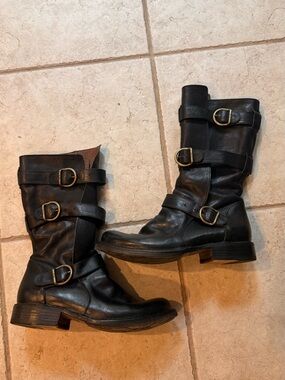 Fiorentini + Baker Black Leather Mid-Calf Buckle Combat Boots